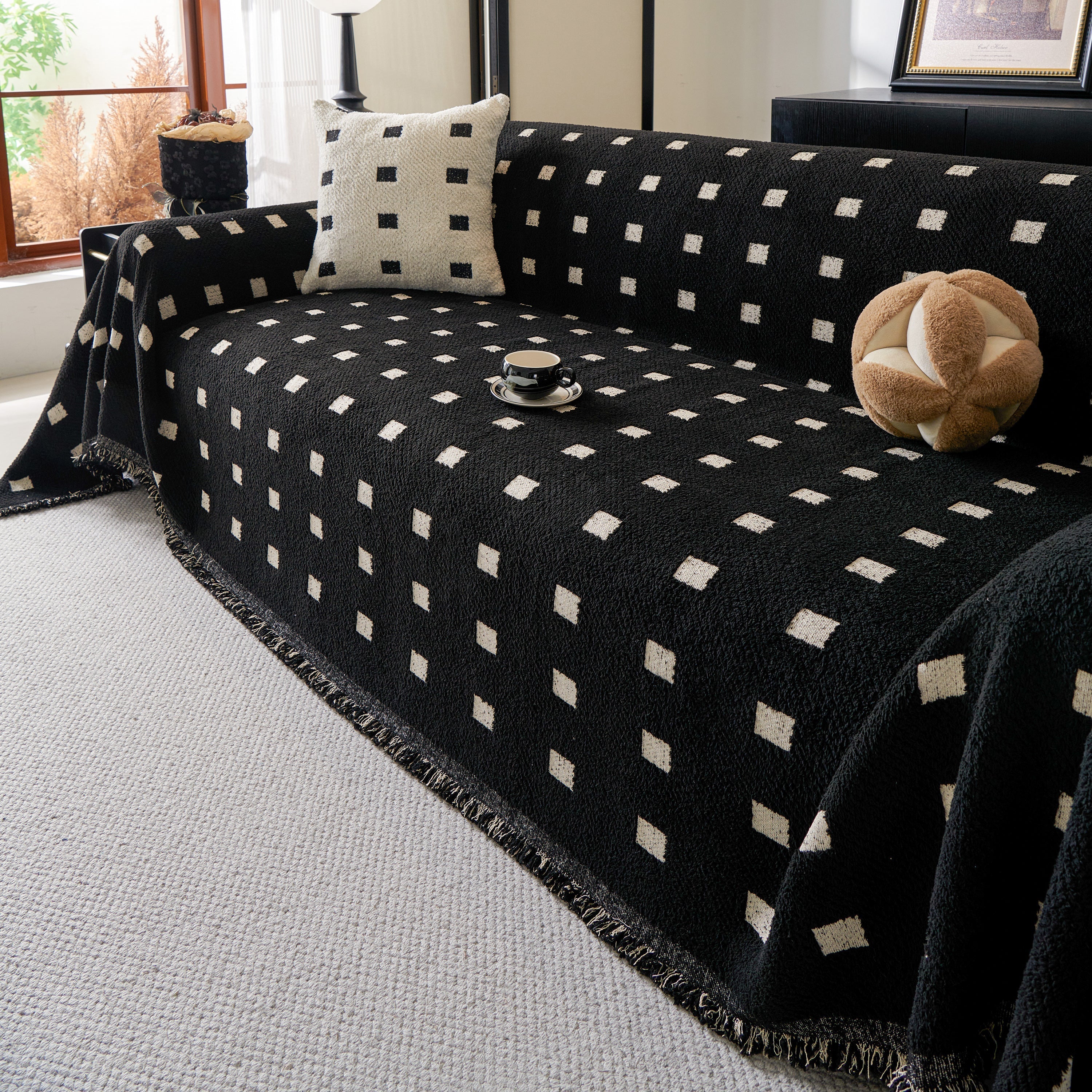 Woven Chenille Sofa Throw with Square Pattern