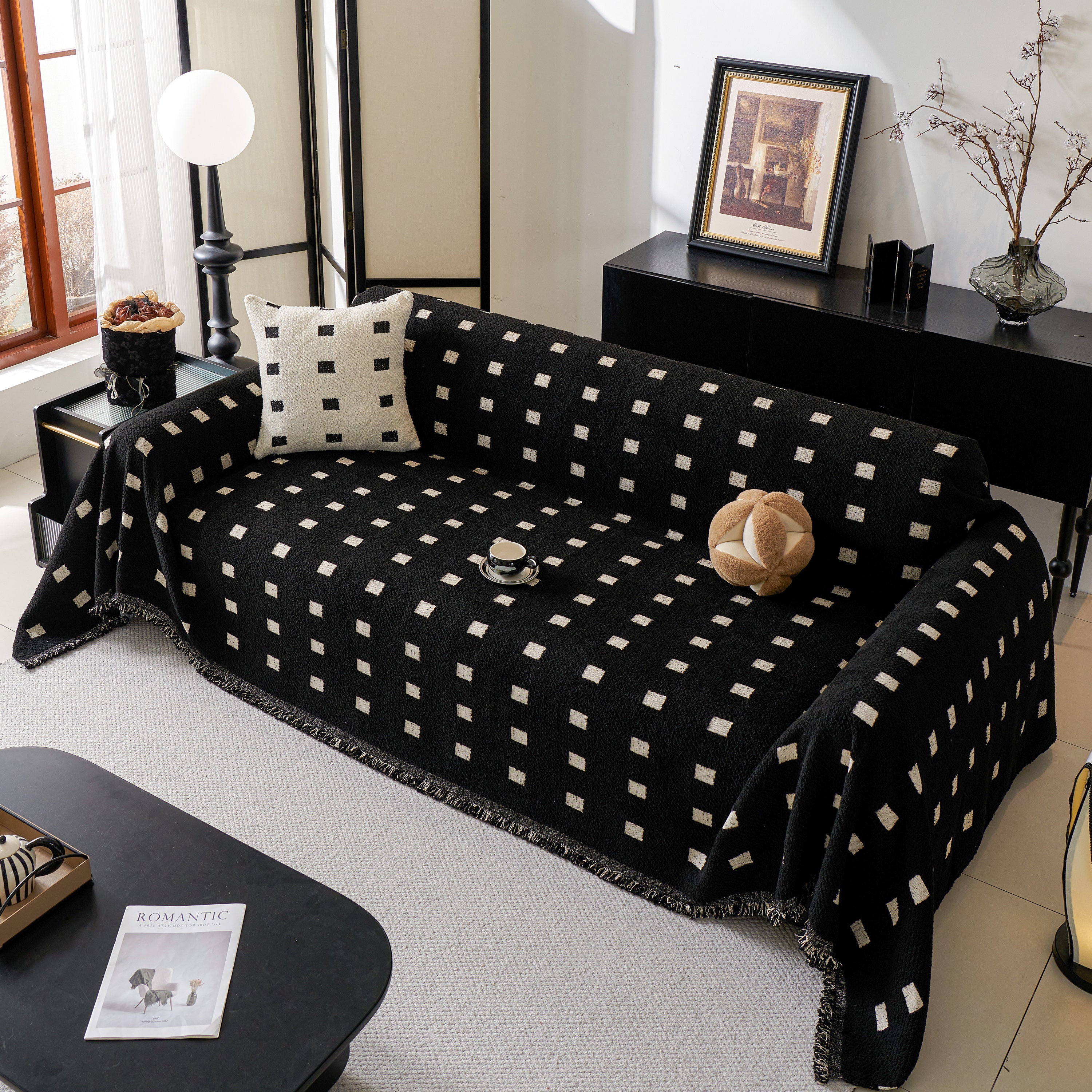 Woven Chenille Sofa Throw with Square Pattern