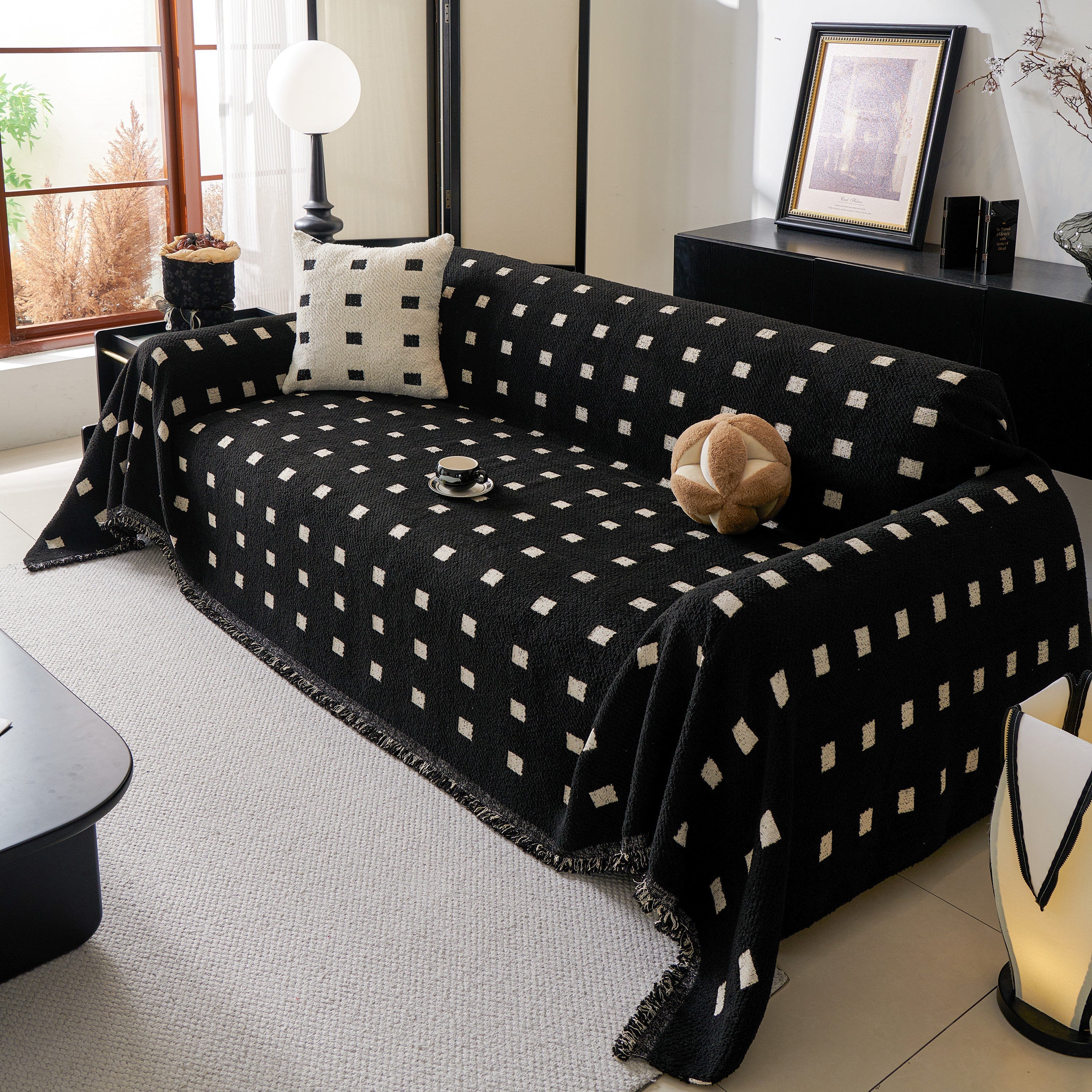 Woven Chenille Sofa Throw with Square Pattern