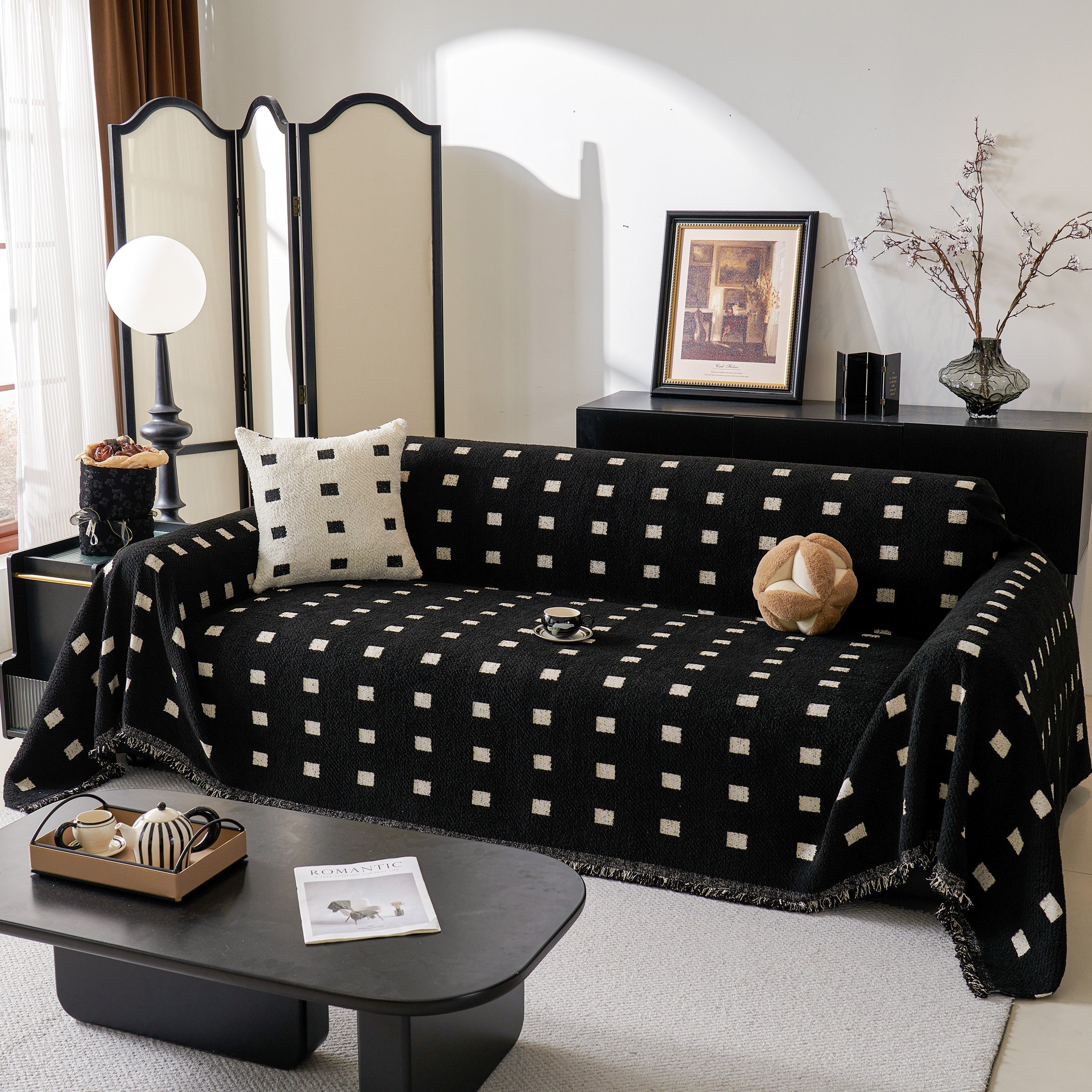 Woven Chenille Sofa Throw with Square Pattern