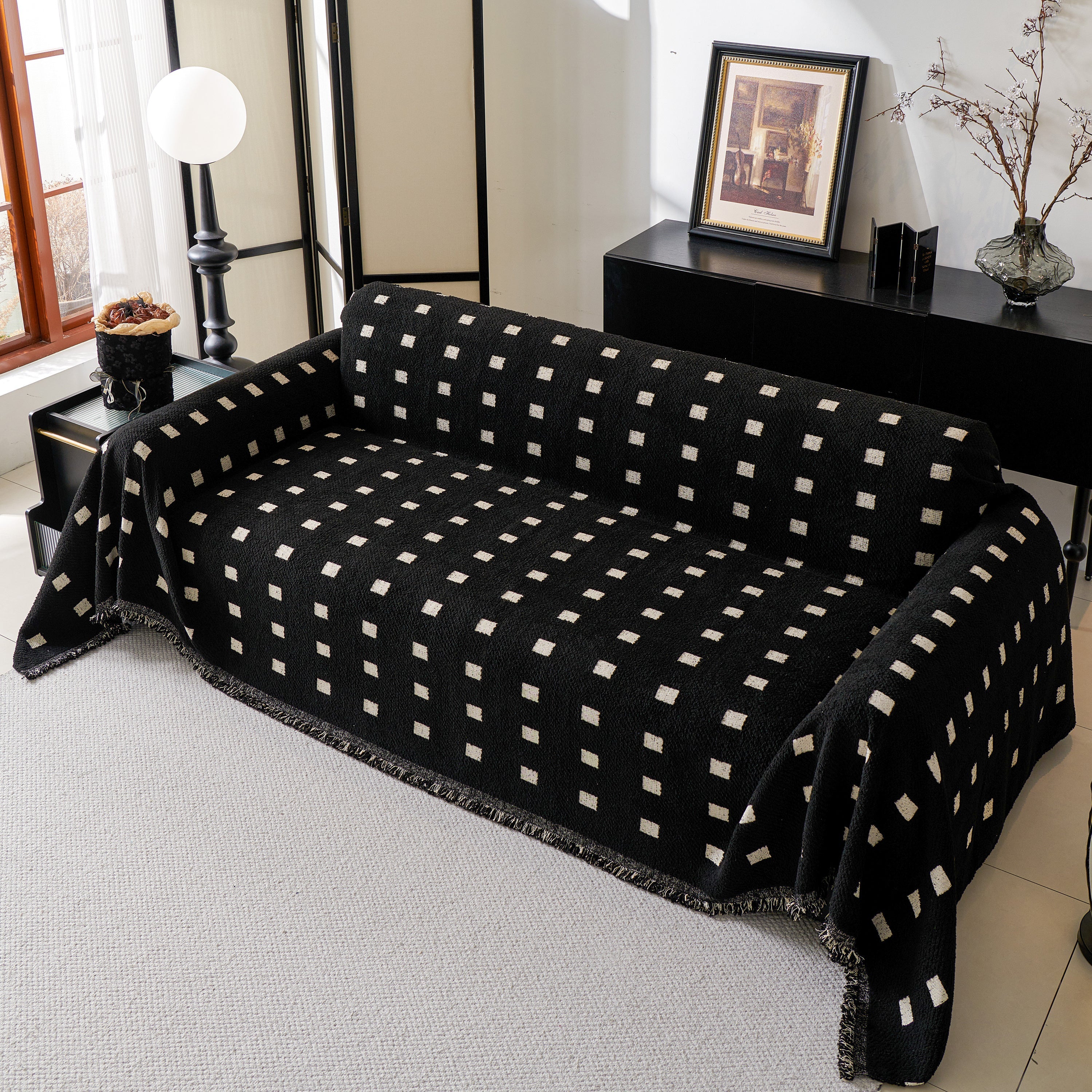 Woven Chenille Sofa Throw with Square Pattern