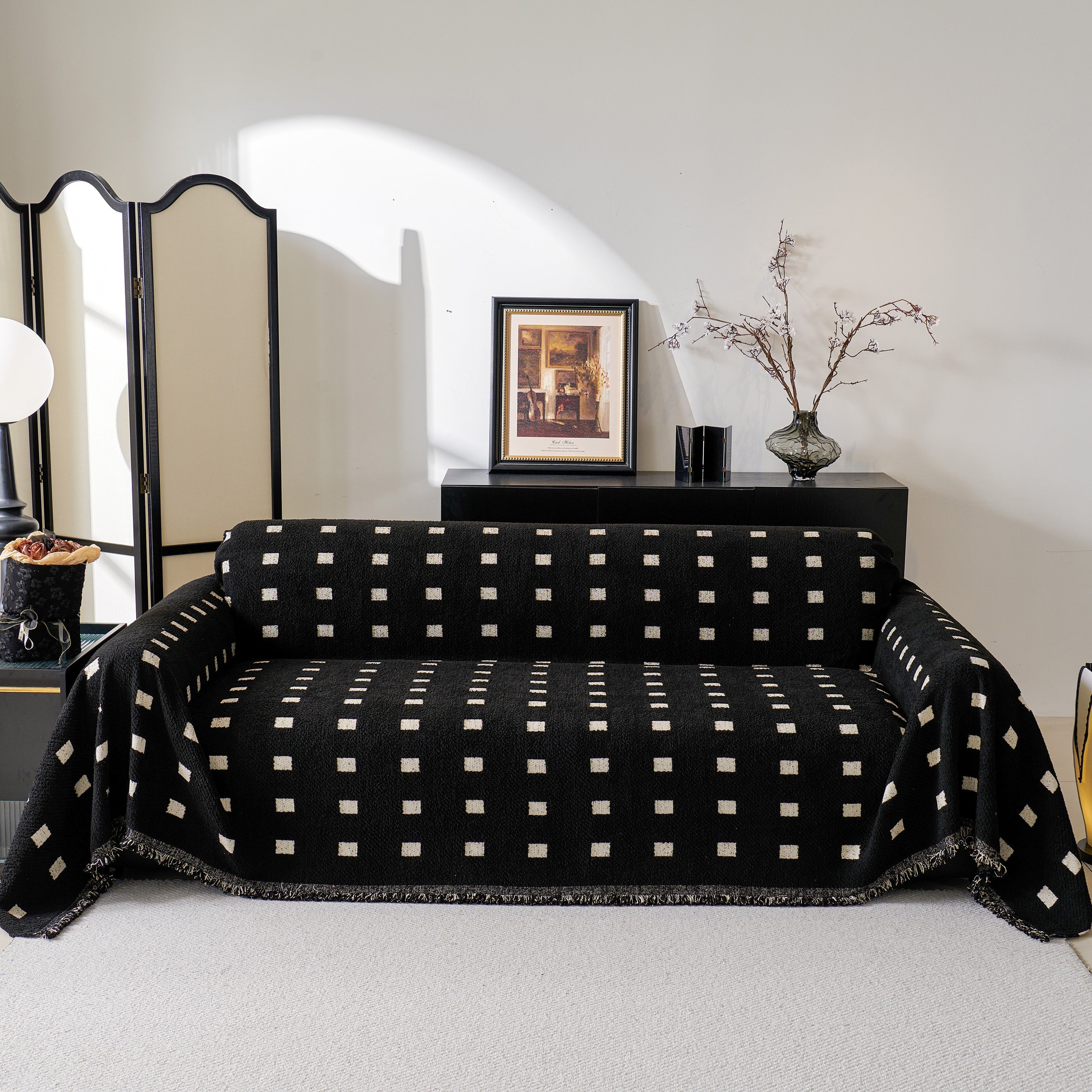 Woven Chenille Sofa Throw with Square Pattern