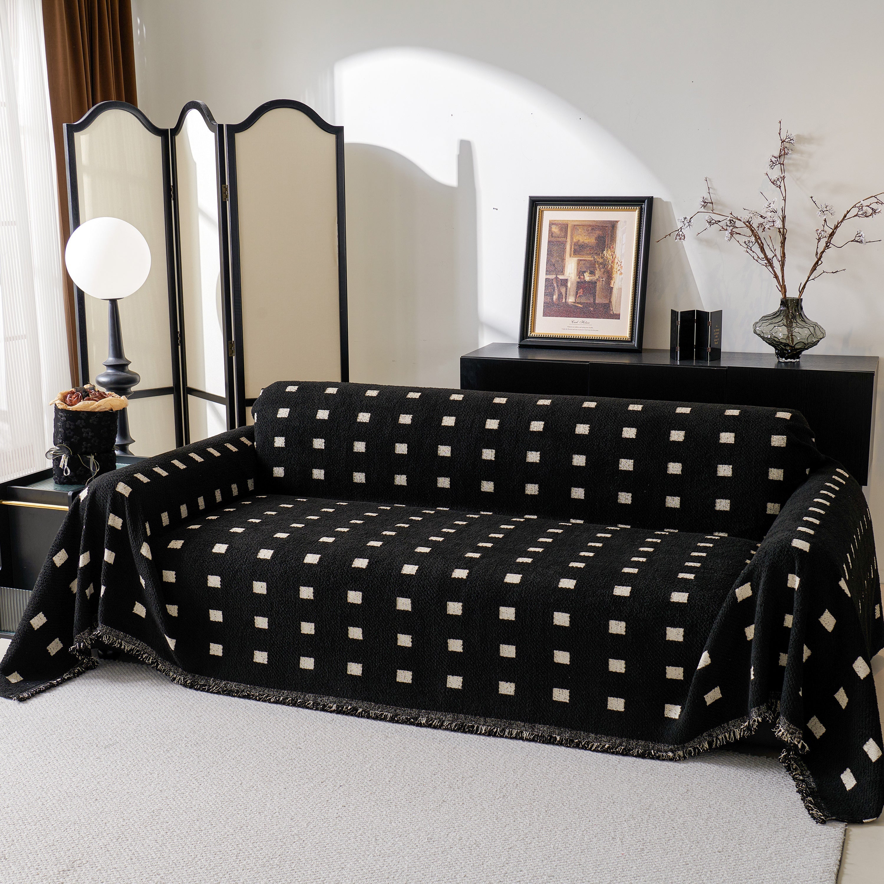 Woven Chenille Sofa Throw with Square Pattern