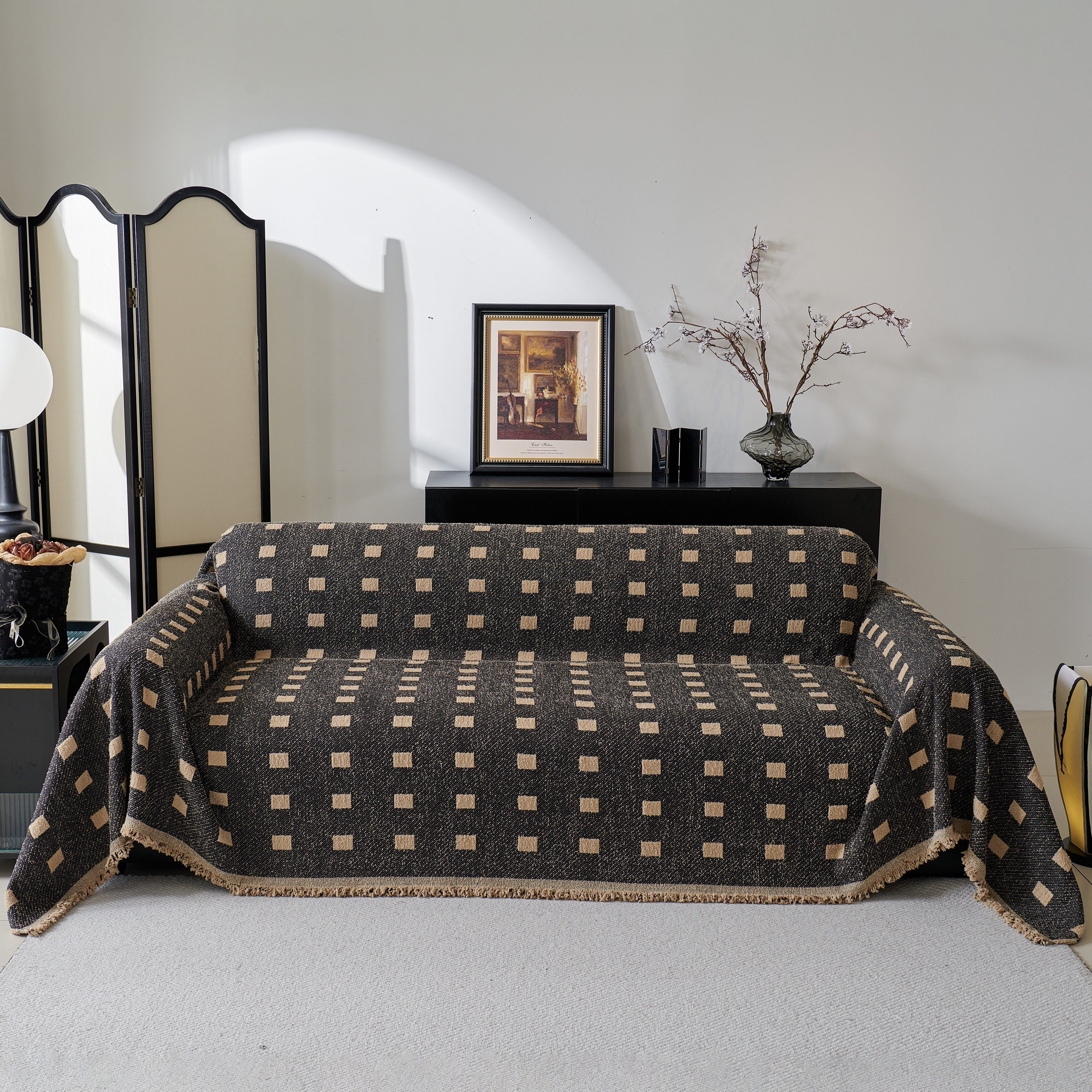 Woven Chenille Sofa Throw with Square Pattern