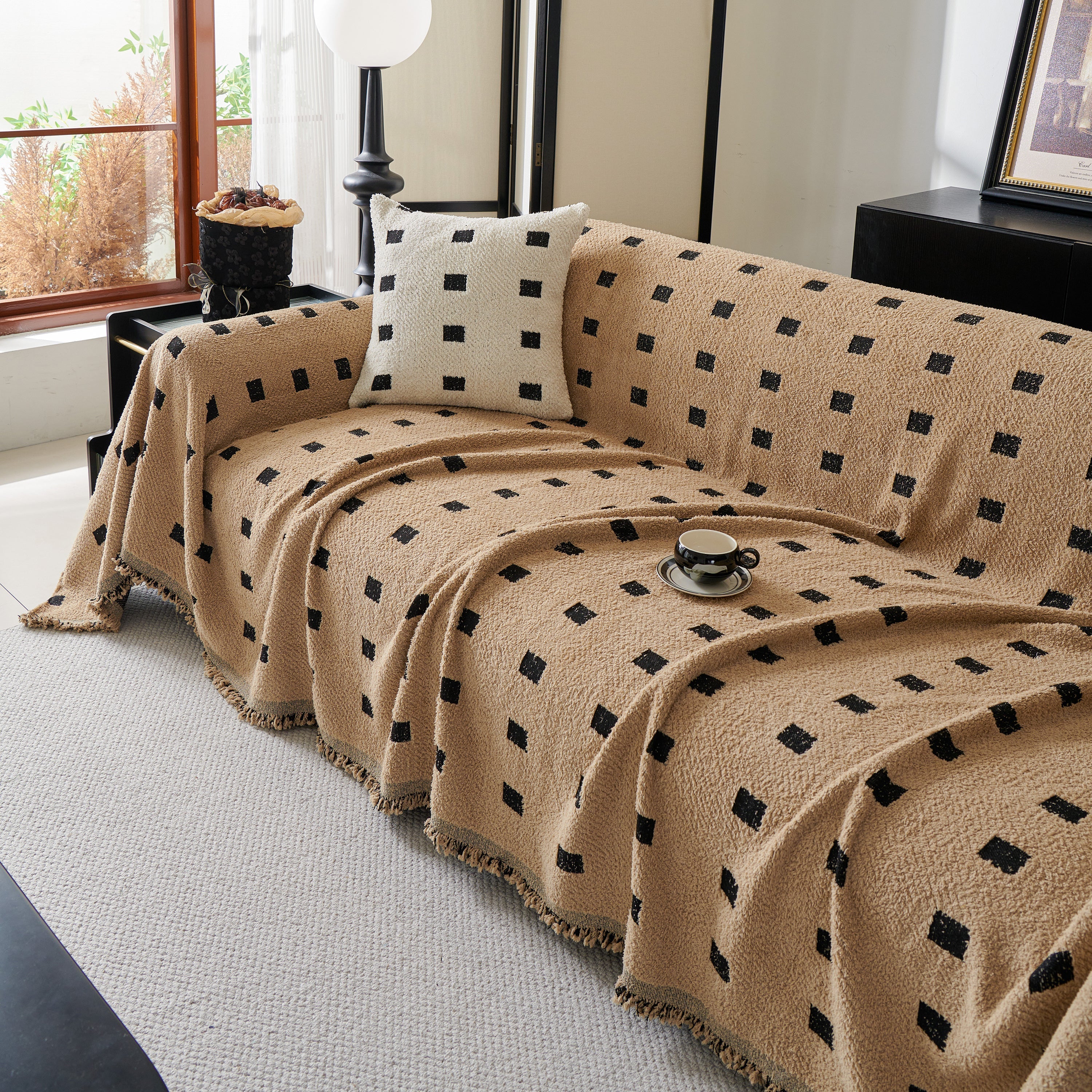 Woven Chenille Sofa Throw with Square Pattern