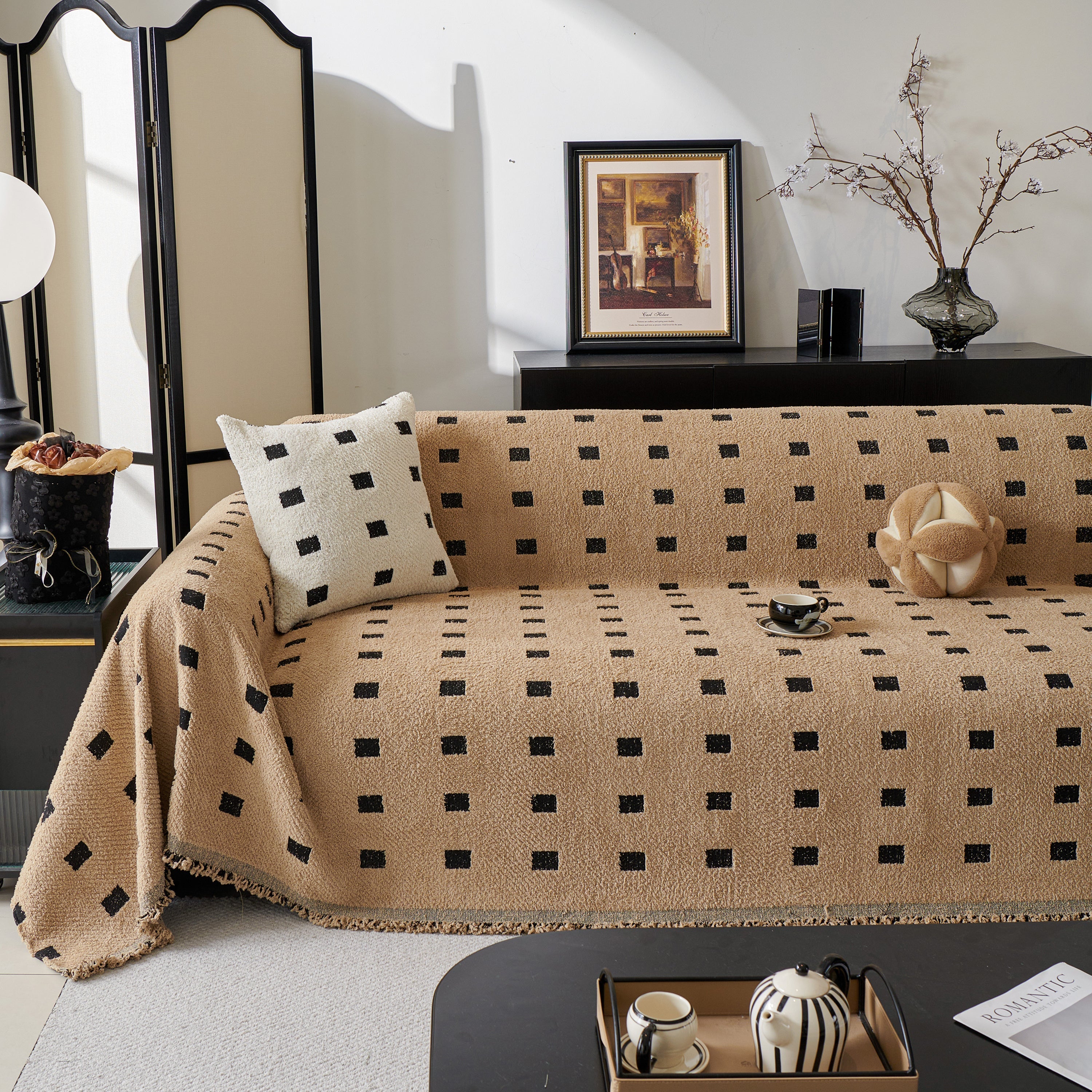 Woven Chenille Sofa Throw with Square Pattern