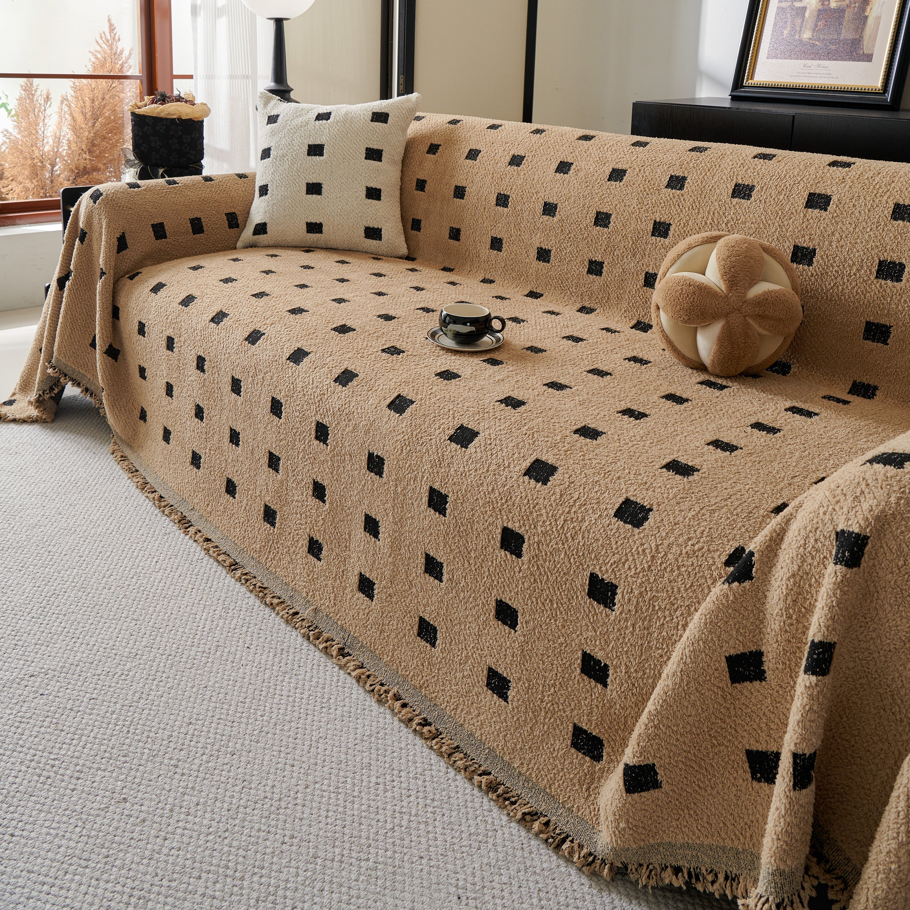 Woven Chenille Sofa Throw with Square Pattern