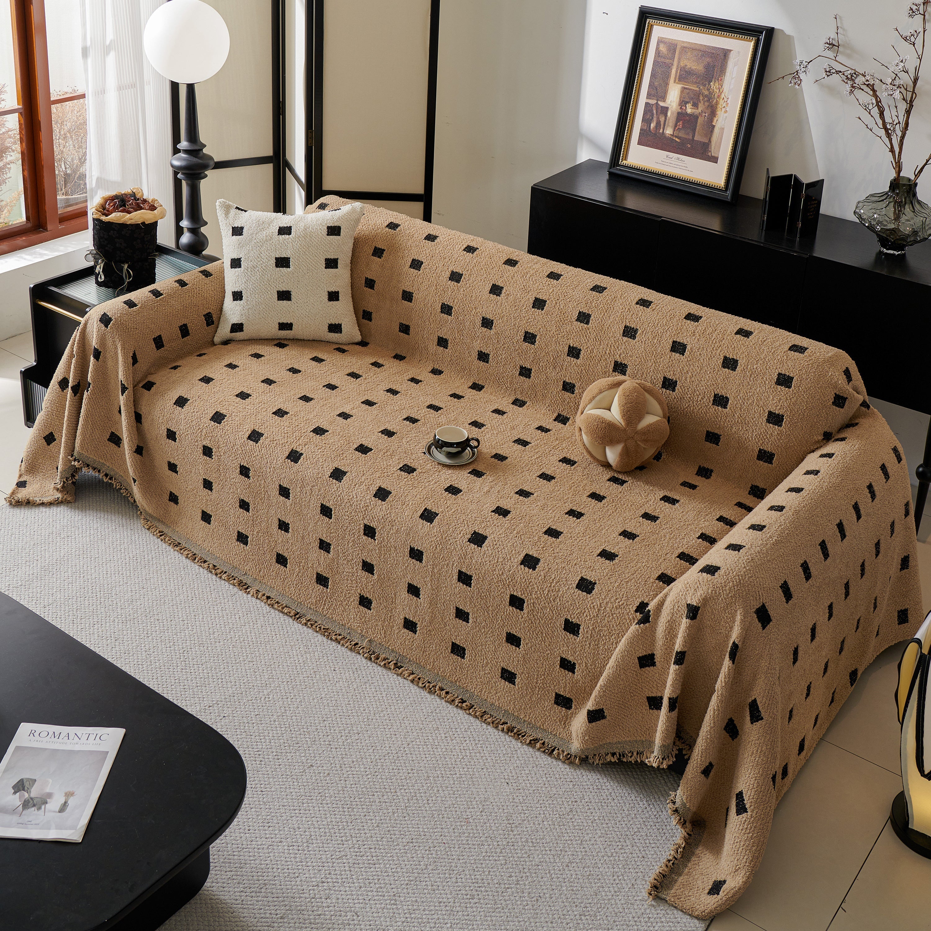 Woven Chenille Sofa Throw with Square Pattern