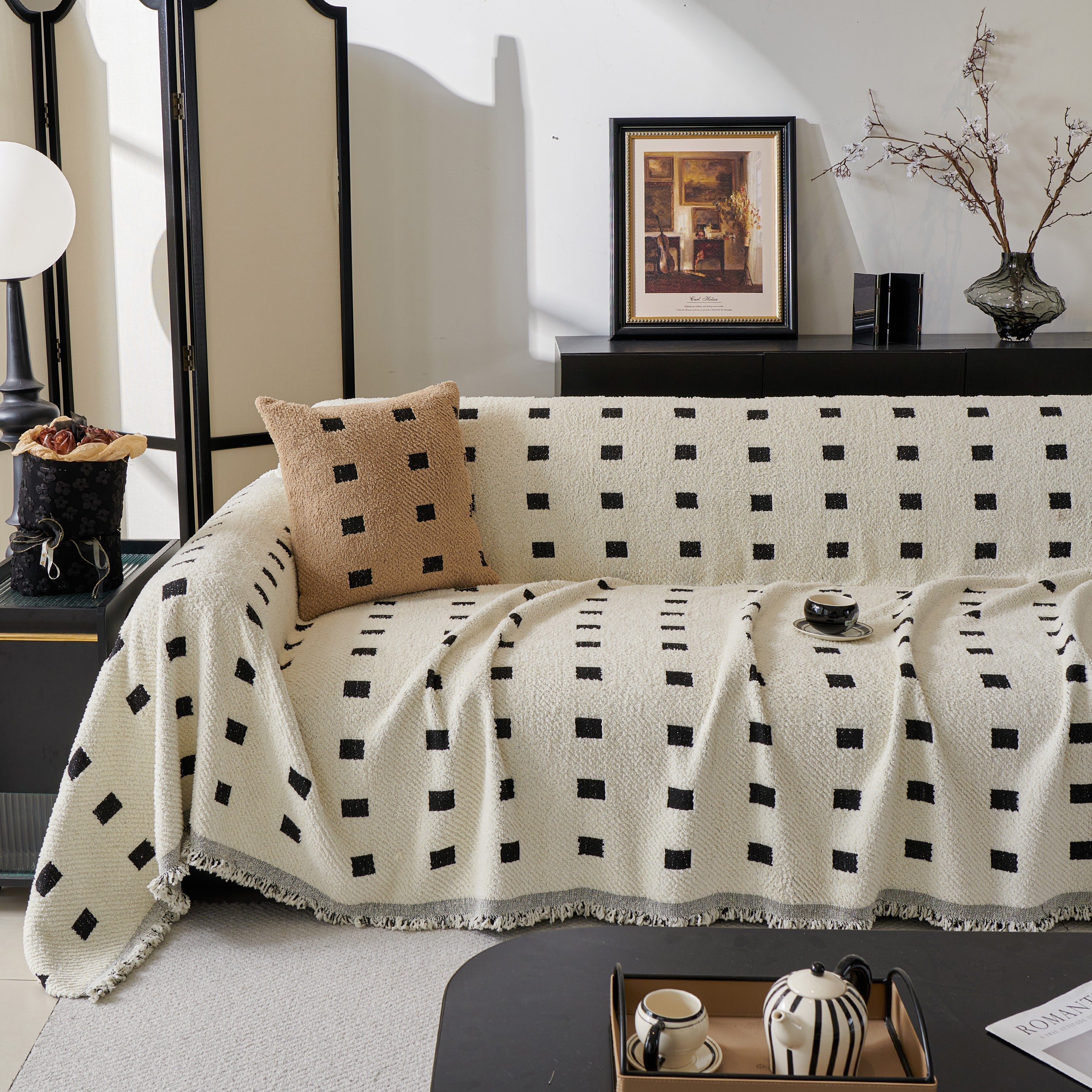 Woven Chenille Sofa Throw with Square Pattern