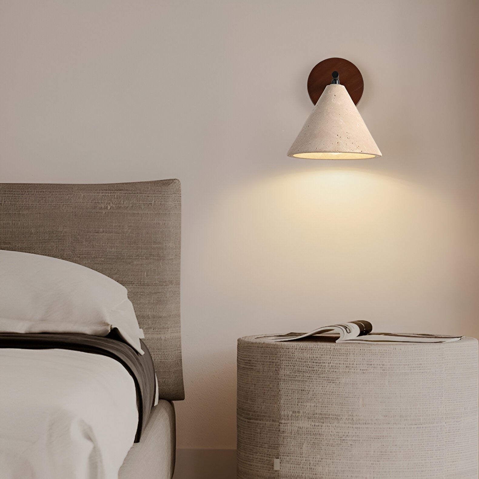 Travertine Cone Wall Sconce with Wood Base