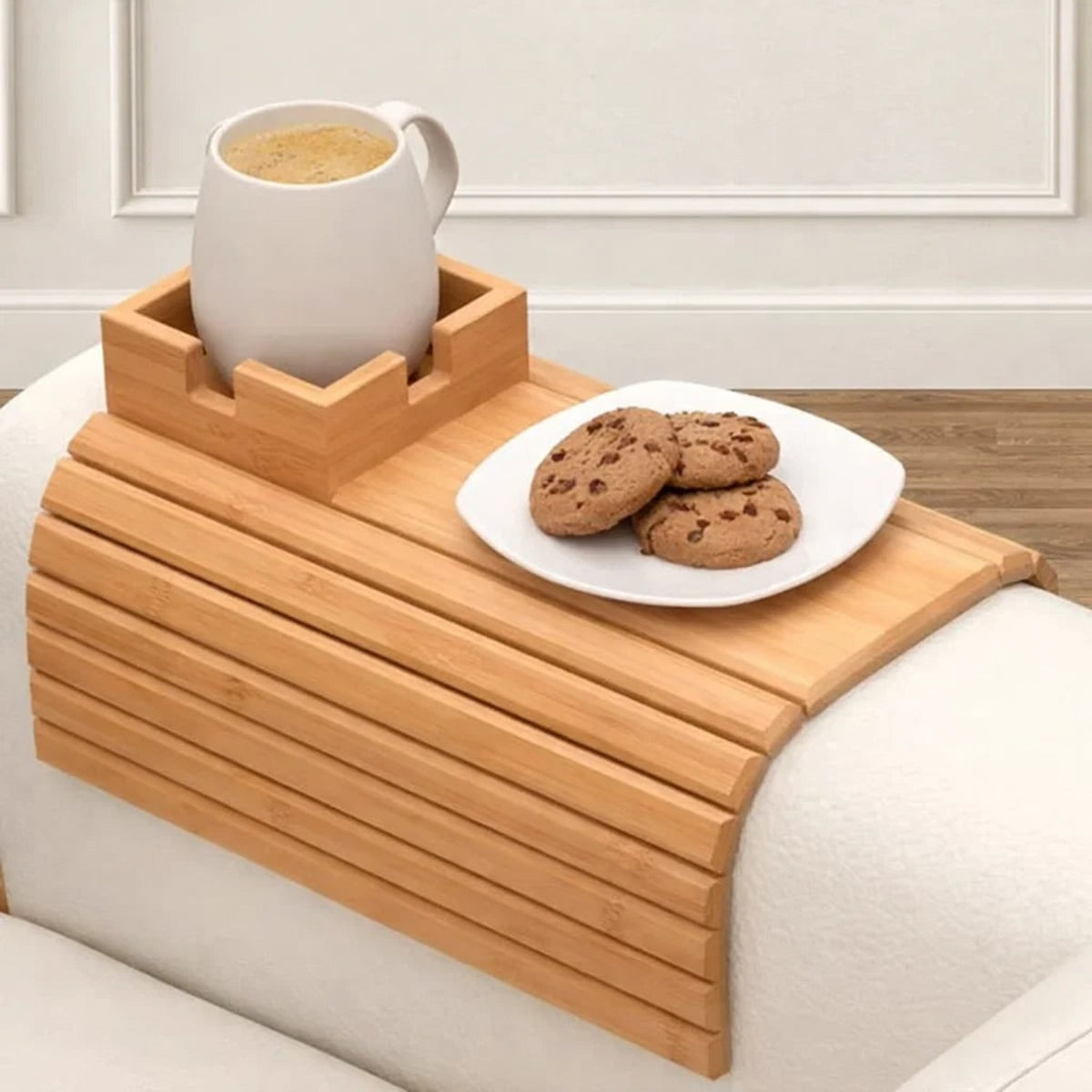 Bamboo Sofa Armrest Tray With Cup Holder And Non-Slip Base - Image 1