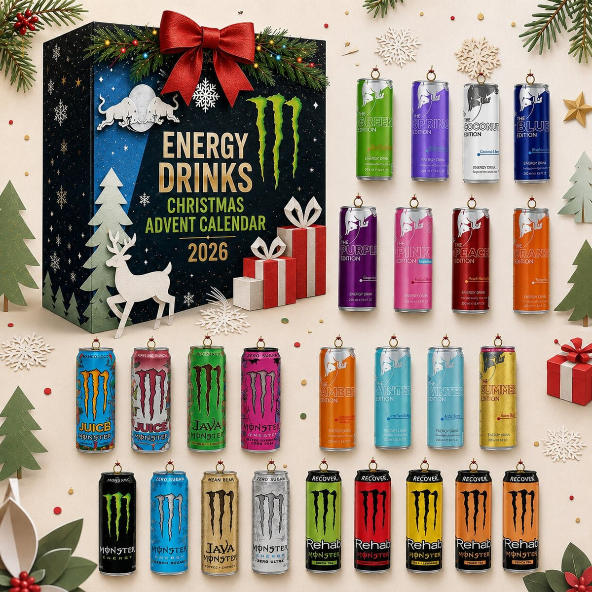 Christmas Energy Drink Advent Calendar 24 Days Of Collectible Can Designs - Image 1
