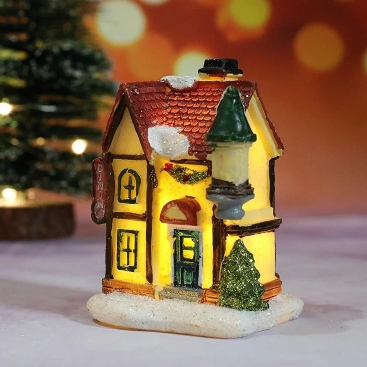 Christmas Village Decoration Set With 6 LED Light-Up Houses And Glitter Snow Details - Image 7
