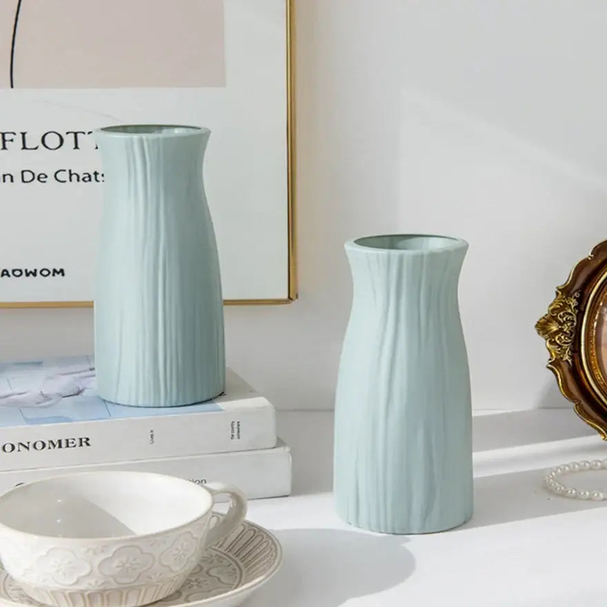 Ribbed Plastic Vase with Ceramic Look Finish