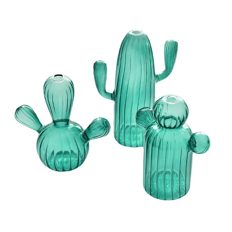 Green Glass Cactus Vase with Ribbed Texture