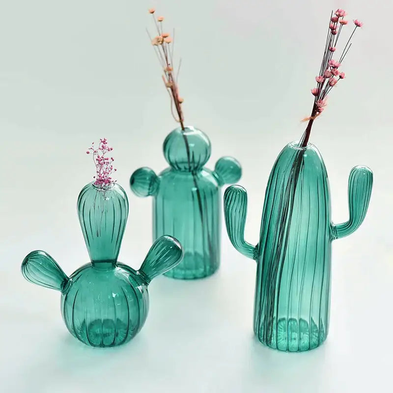 Green Glass Cactus Vase with Ribbed Texture