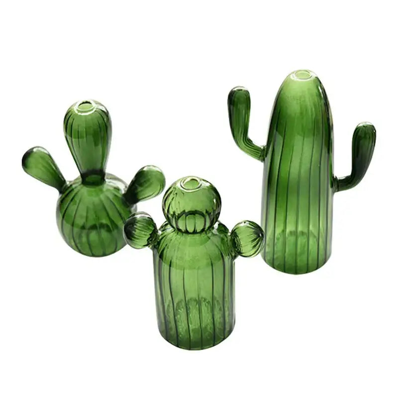 Green Glass Cactus Vase with Ribbed Texture