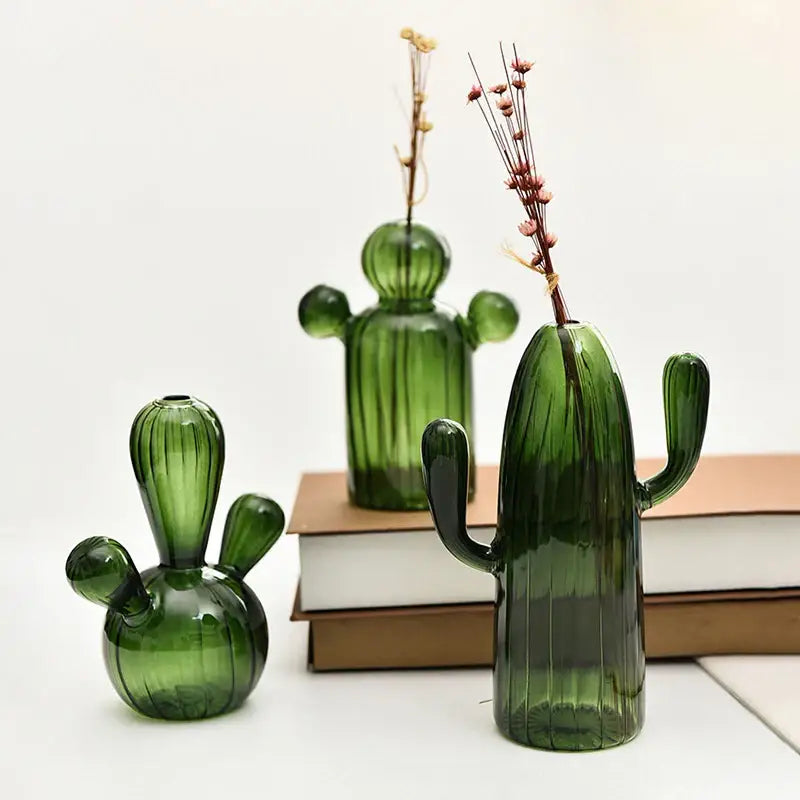 Green Glass Cactus Vase with Ribbed Texture