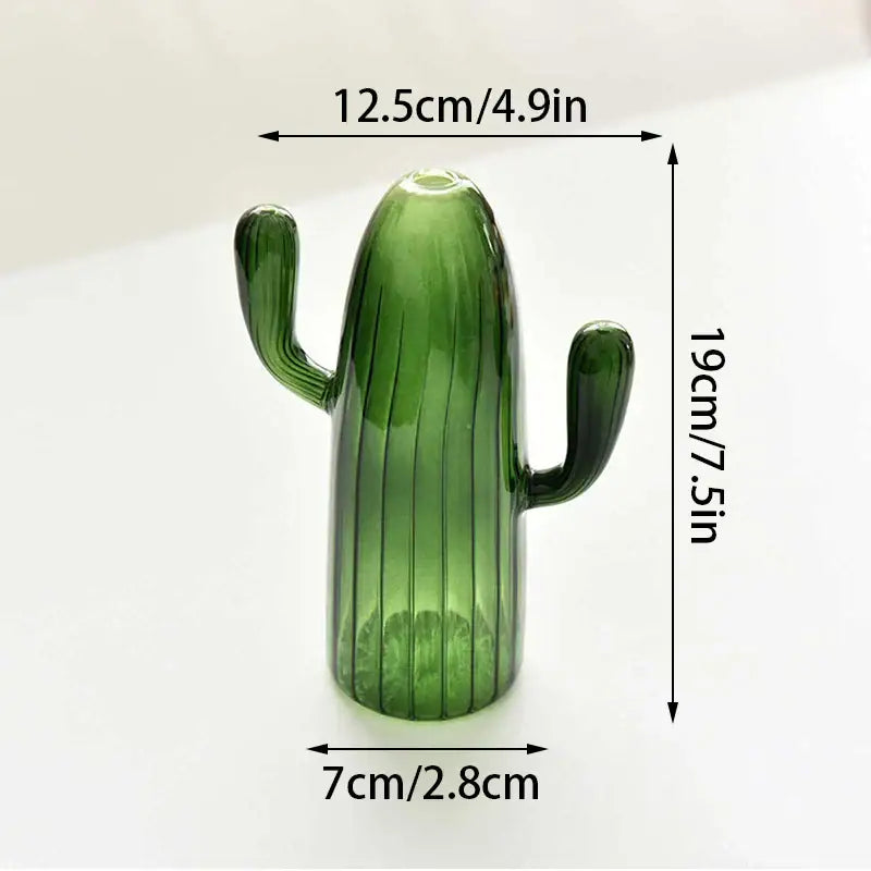 Green Glass Cactus Vase with Ribbed Texture