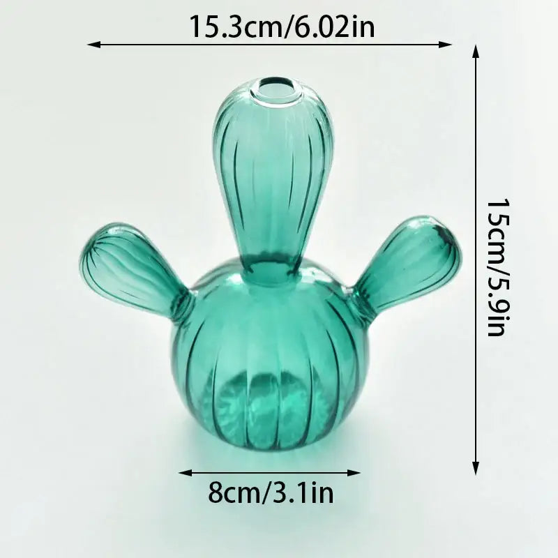 Green Glass Cactus Vase with Ribbed Texture