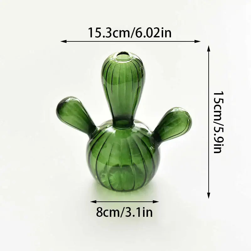 Green Glass Cactus Vase with Ribbed Texture