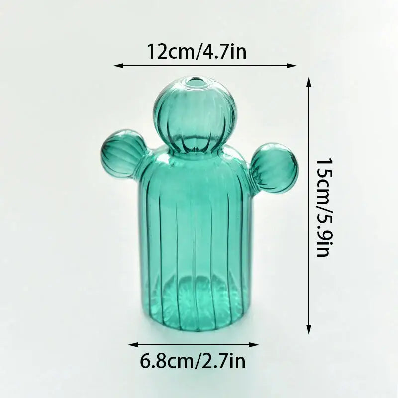 Green Glass Cactus Vase with Ribbed Texture