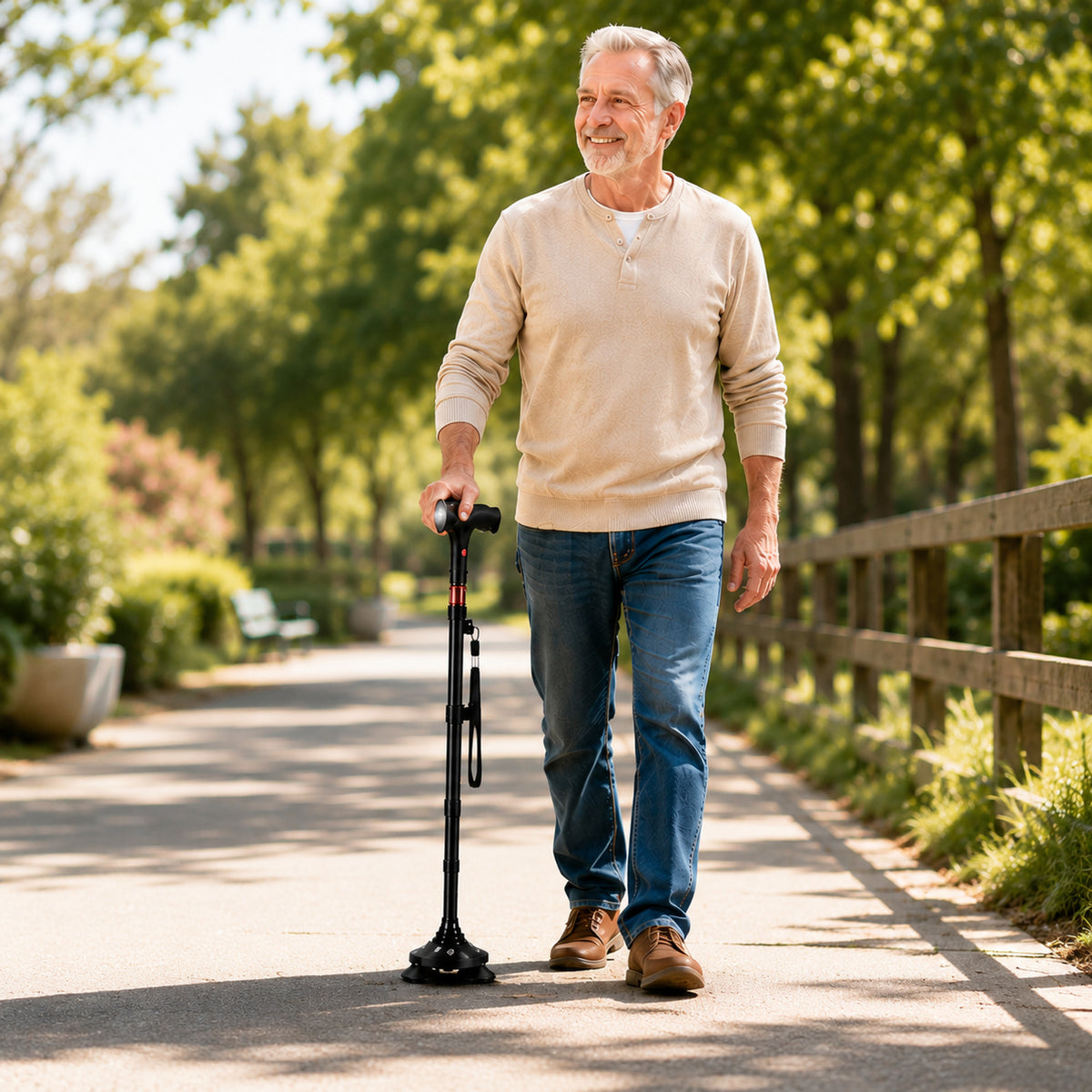 Foldable Aluminum Quad Cane With Pivoting Base Cushioned T-Handle And Integrated LED Light - Image 1