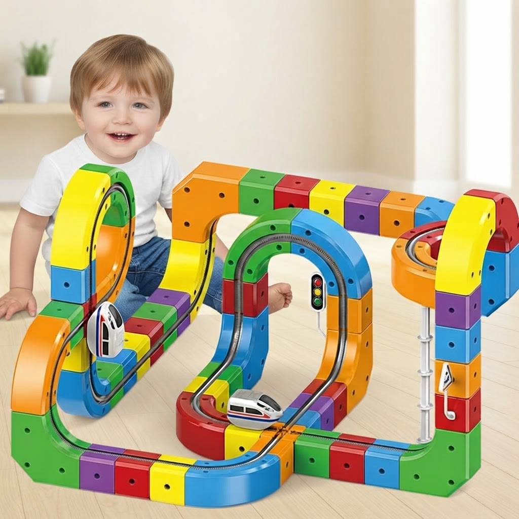 Magnetic Train Track Toy With 3D Snap-Together Cubes Curves And Rechargeable Engine - Image 1