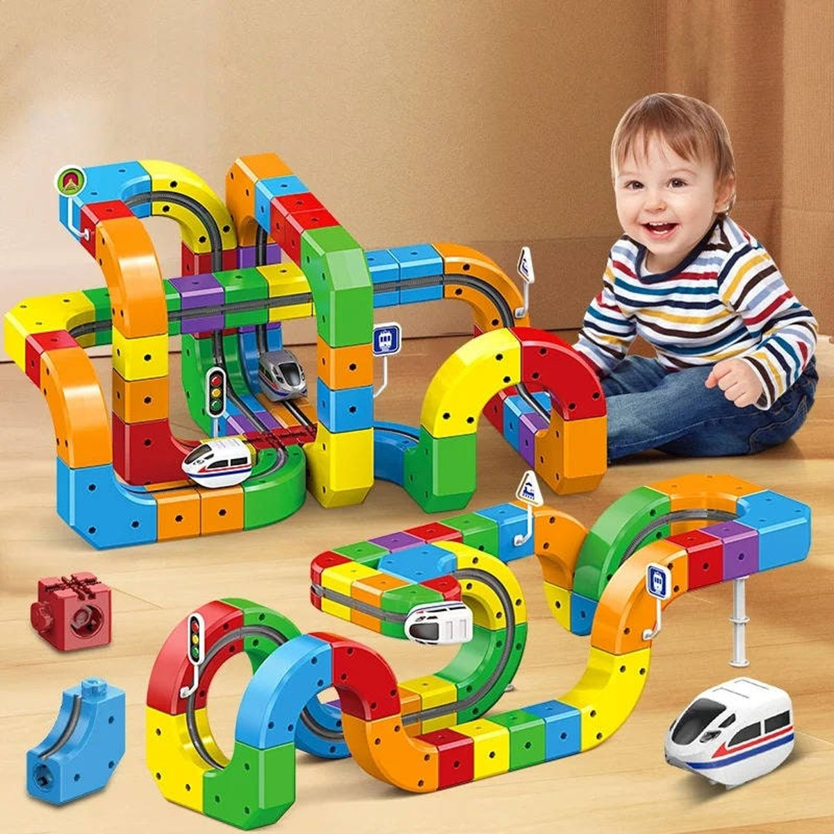 Magnetic Train Track Toy With 3D Snap-Together Cubes Curves And Rechargeable Engine - Image 2