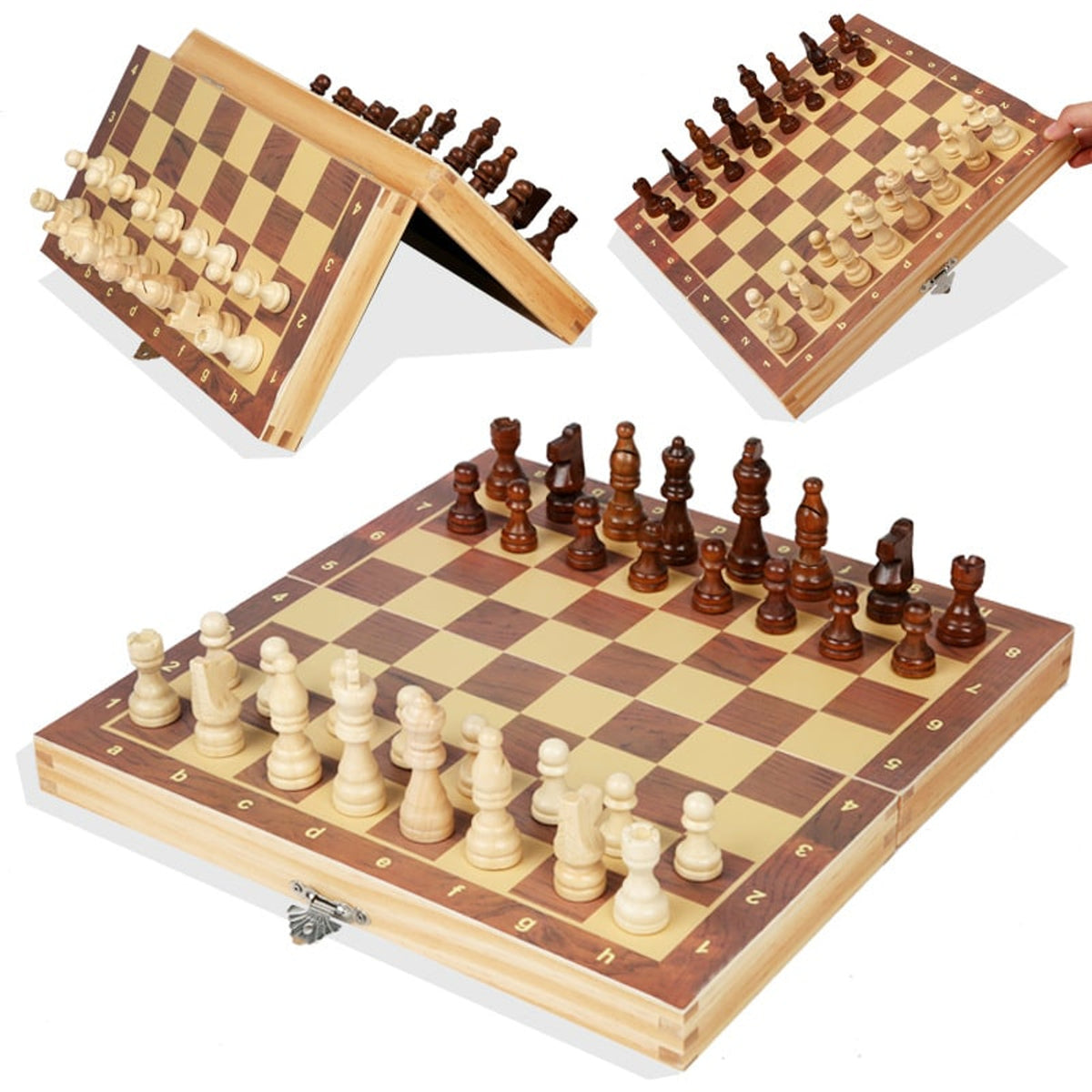 Magnetic Wooden Folding Chess Board With Solid Wood Pieces And Checker Game Surface - Image 4