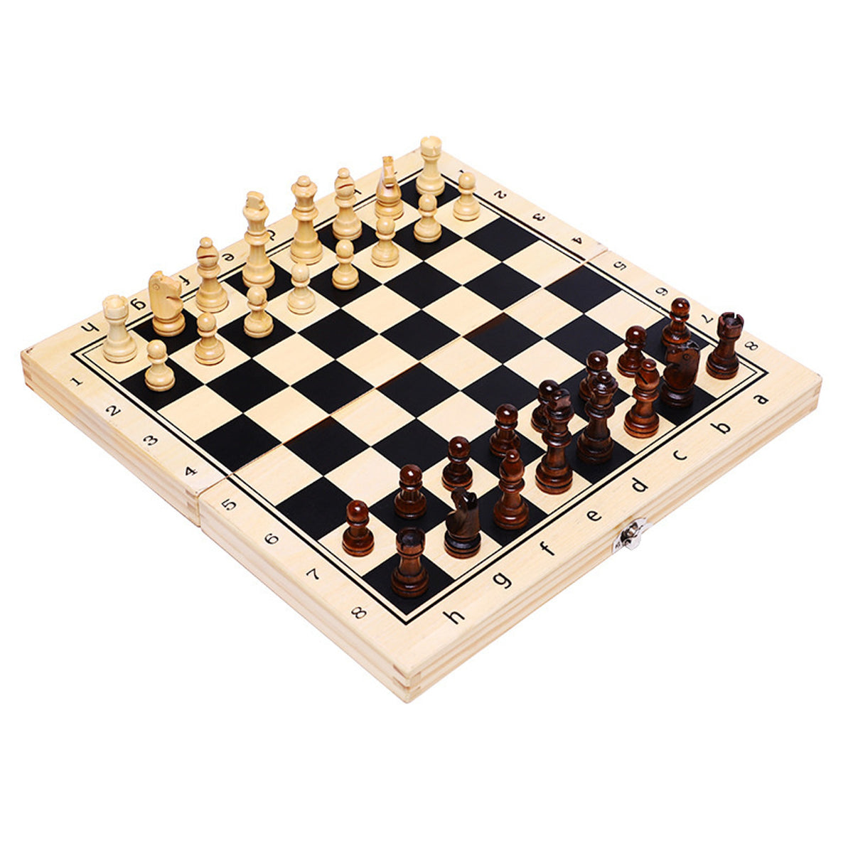 Magnetic Wooden Folding Chess Board With Solid Wood Pieces And Checker Game Surface - Image 3