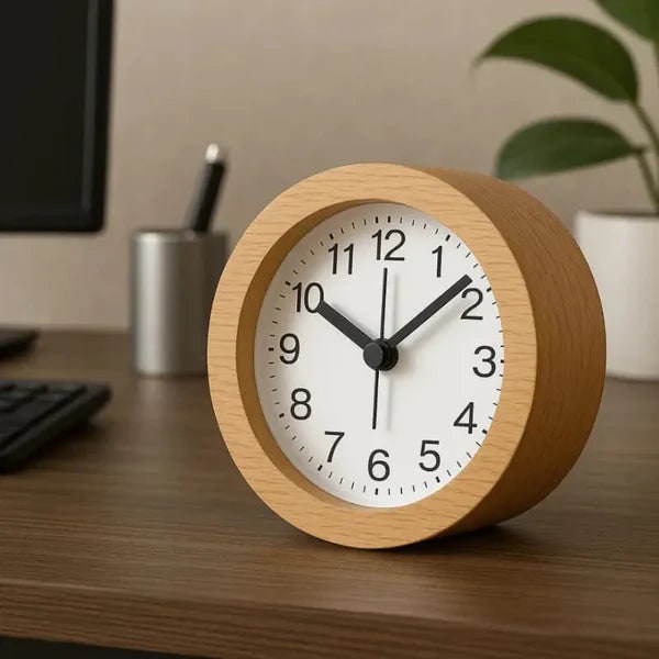 Round Wooden Alarm Clock With Silent Analog Movement And LED Night Light - Image 4