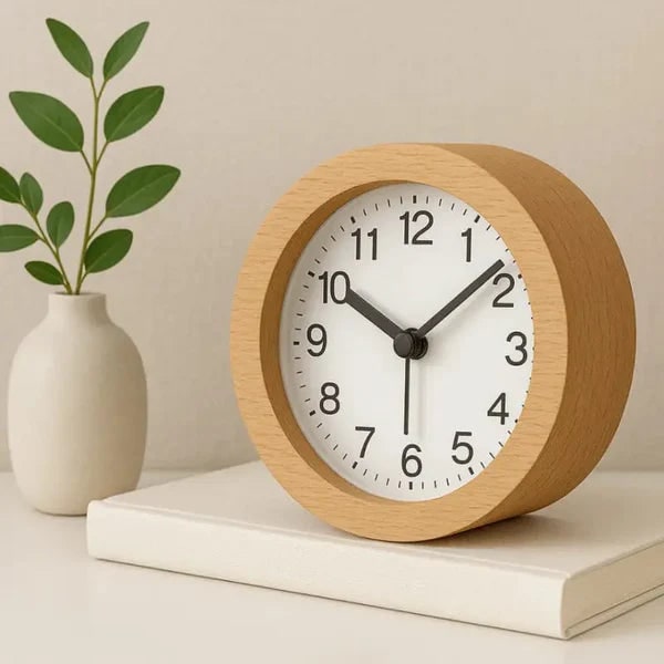 Round Wooden Alarm Clock With Silent Analog Movement And LED Night Light - Image 6