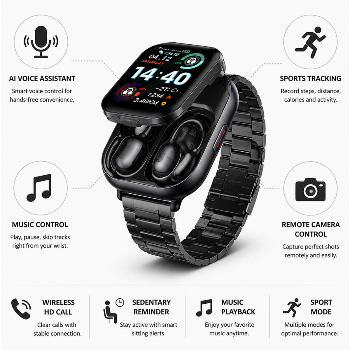 Smartwatch With Earbuds HD Touchscreen With Integrated Wireless Earphones - Image 9