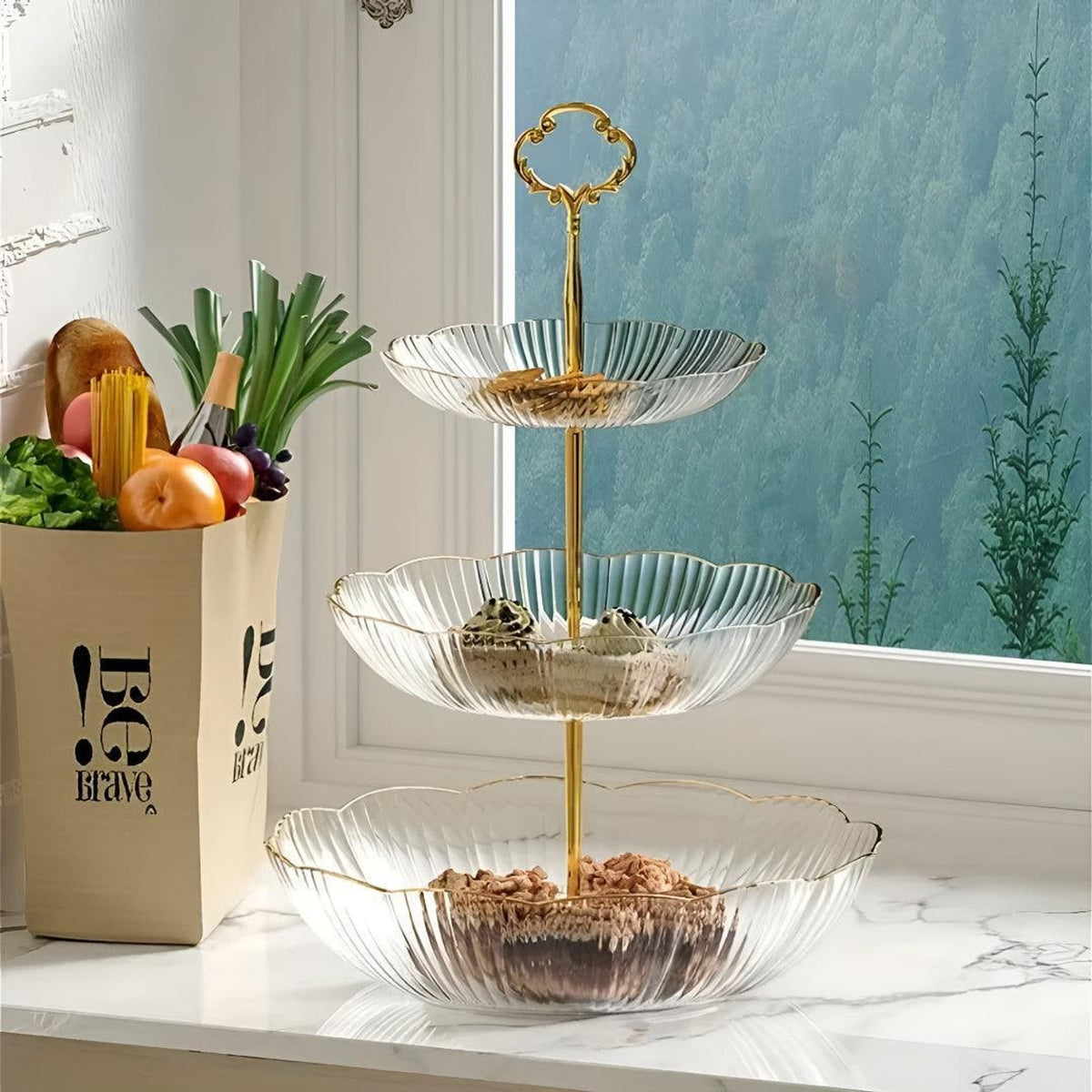Tiered Fruit Bowl Organizer With Scalloped Petal Bowls And Gold Handle - Image 3