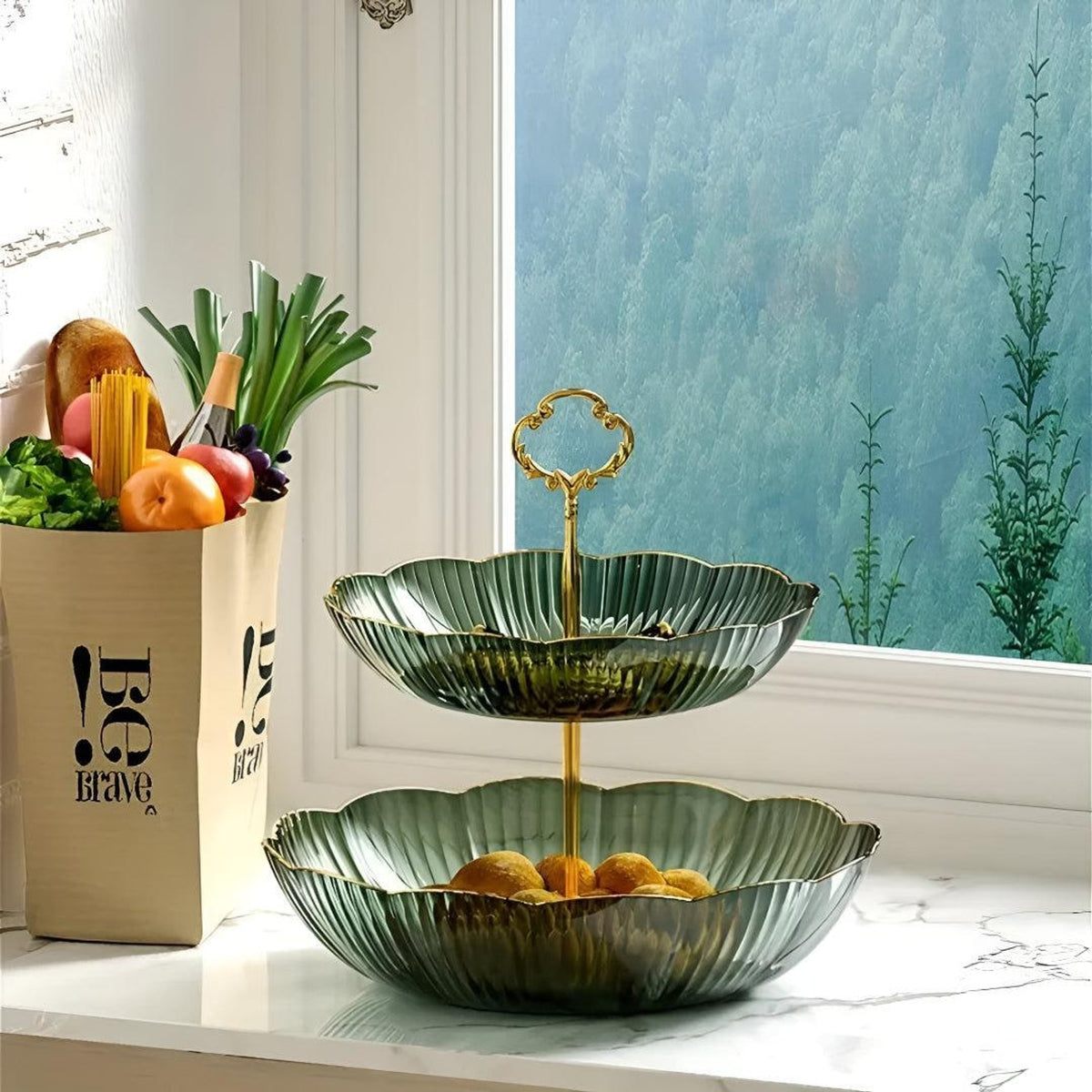 Tiered Fruit Bowl Organizer With Scalloped Petal Bowls And Gold Handle - Image 2
