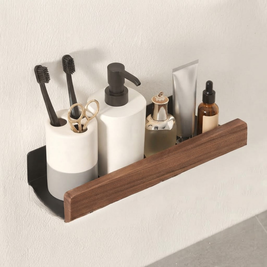Solid Wood Bathroom Wall Shelf With Self-Adhesive Mounting No Drilling Needed - Image 1