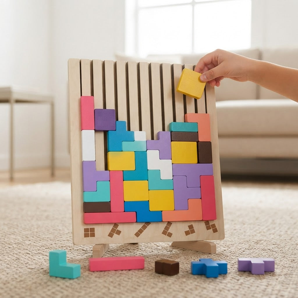 Vertical Wooden Block Puzzle With Pattern Cards For Screen-Free Focus - Image 1