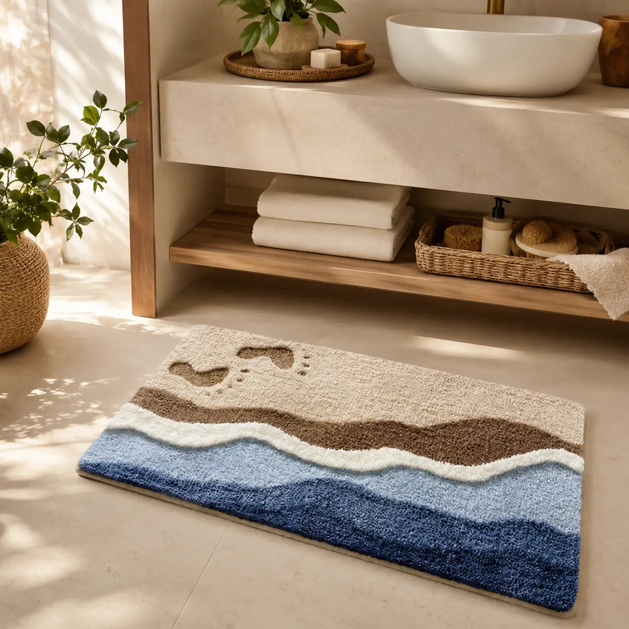 Cozy minimalist bathroom with wave rug