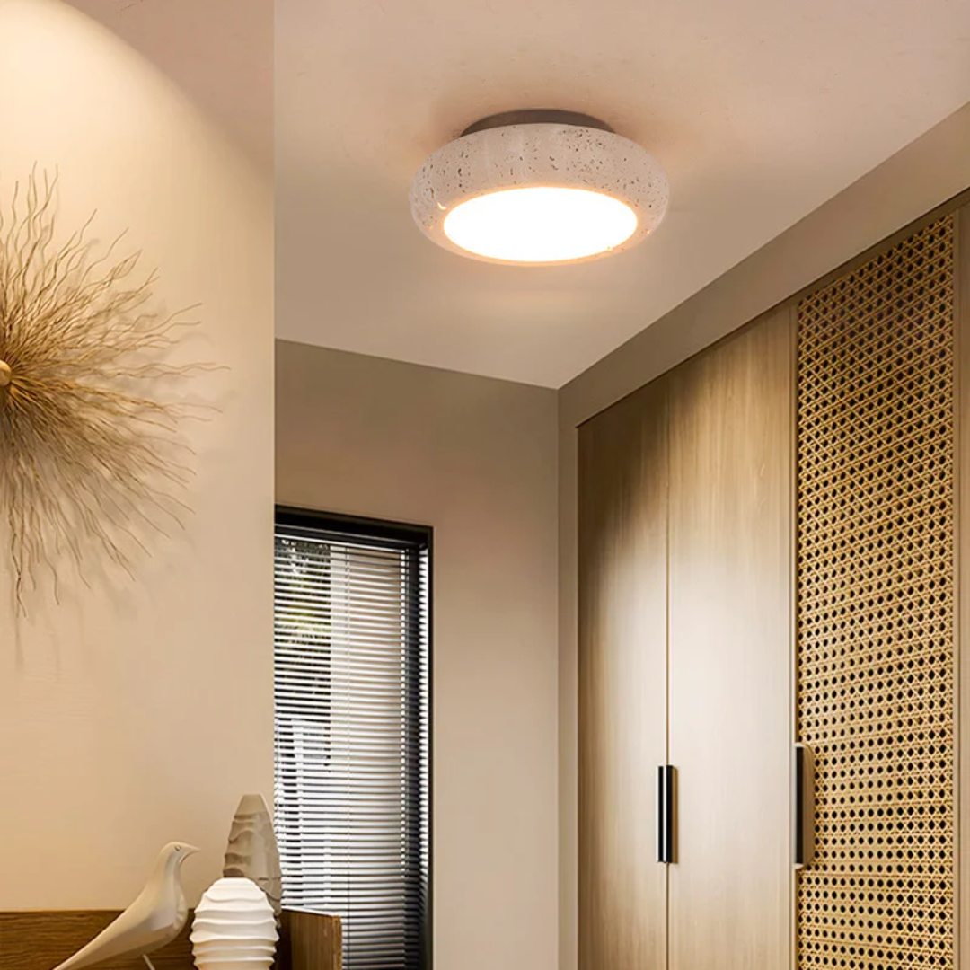 Retro Travertine Ceiling Light with Wood Trim