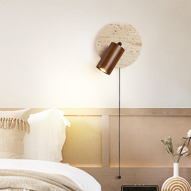 Travertine Wood Wall Sconce with Pull Chain