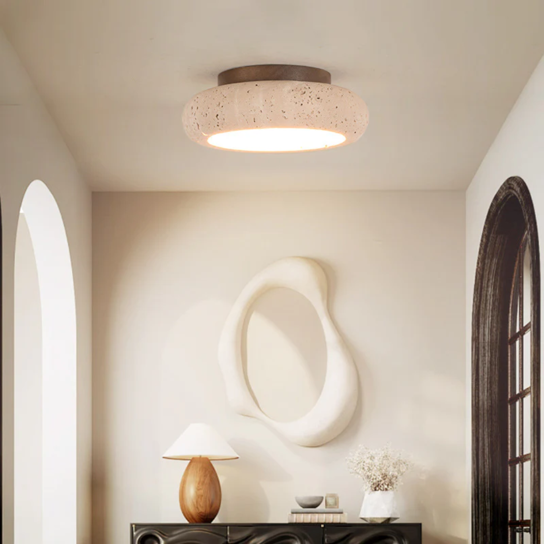 Retro Travertine Ceiling Light with Wood Trim