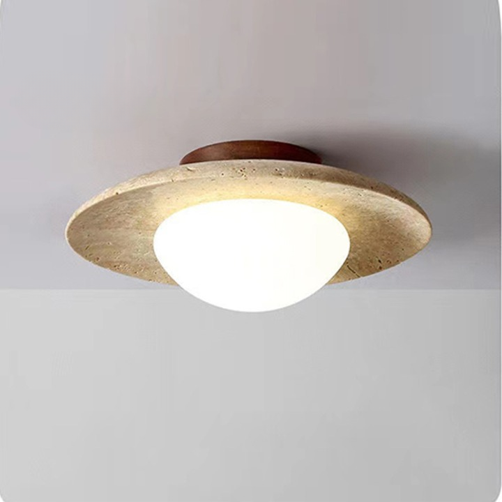 Round Travertine Ceiling Light with Wood Base