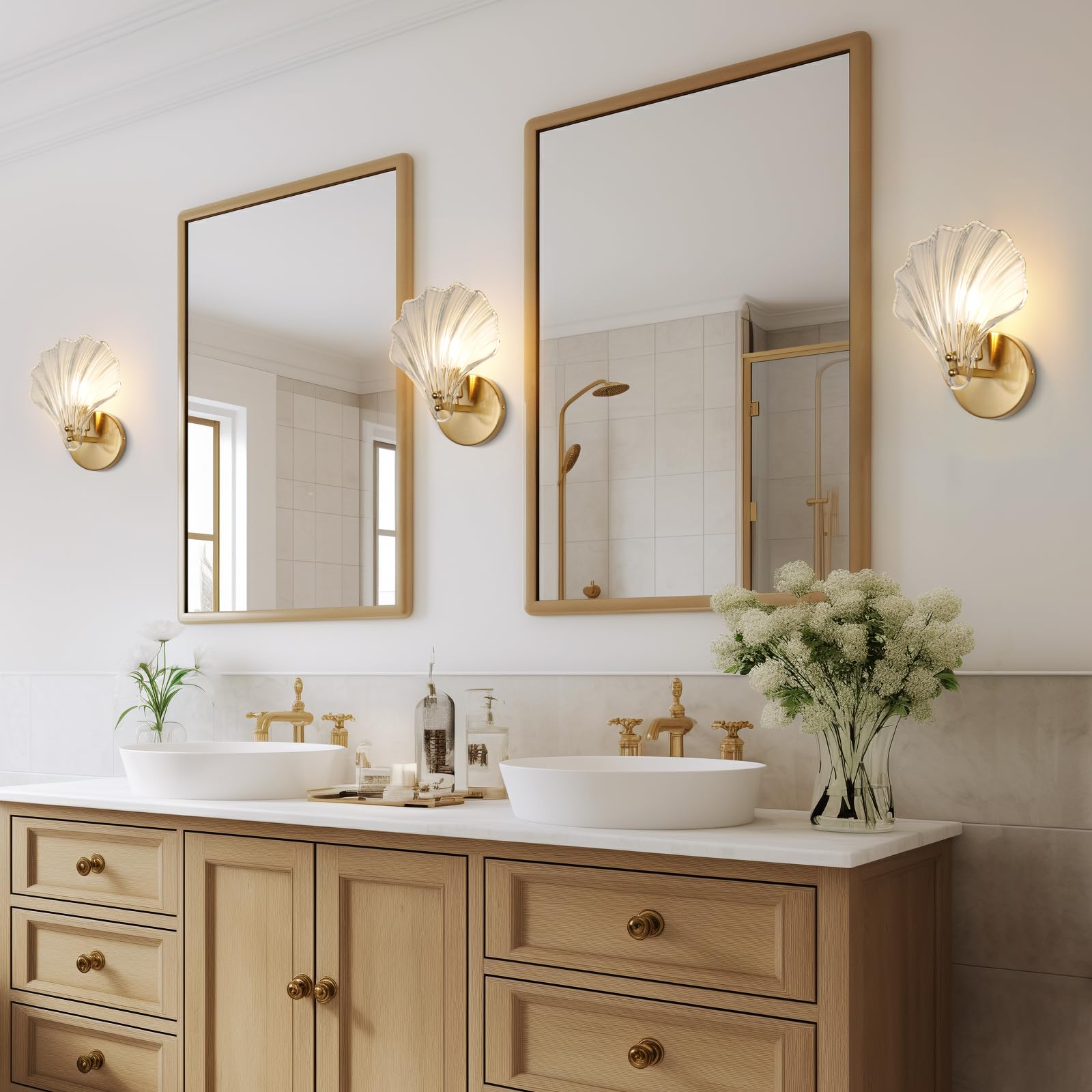 Art Deco Glass Seashell Wall Sconce in Brass