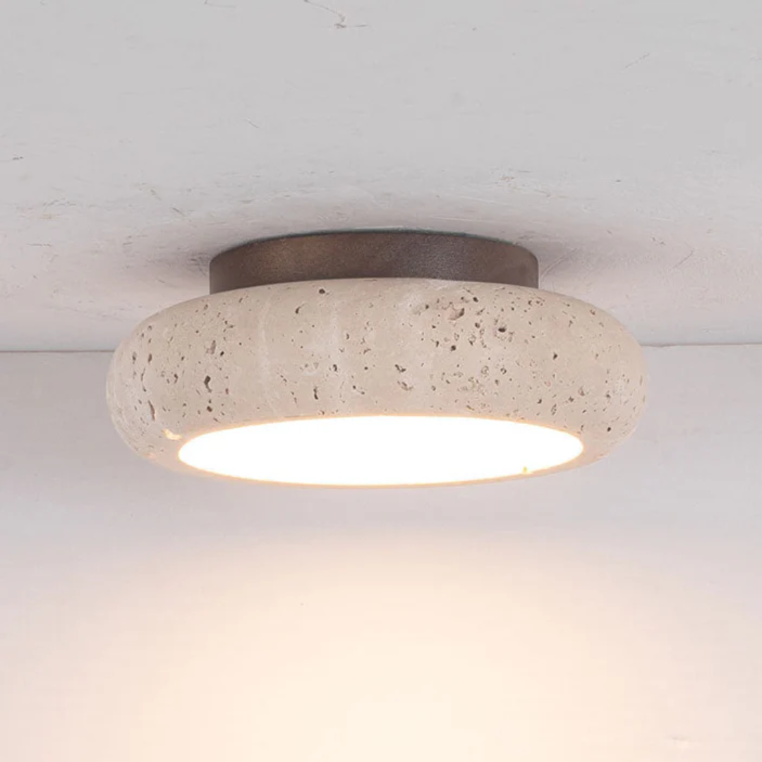 Retro Travertine Ceiling Light with Wood Trim