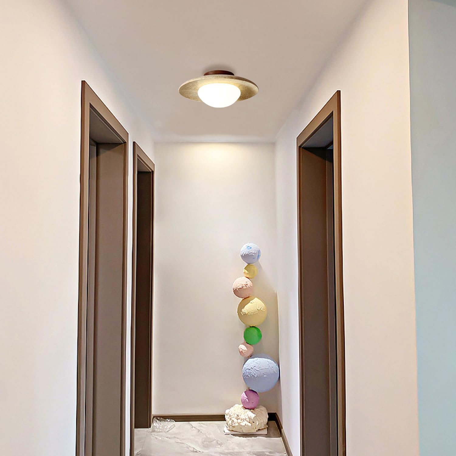 Round Travertine Ceiling Light with Wood Base