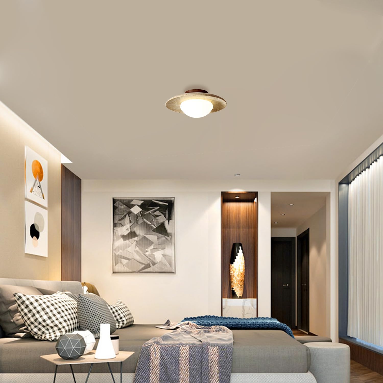 Round Travertine Ceiling Light with Wood Base