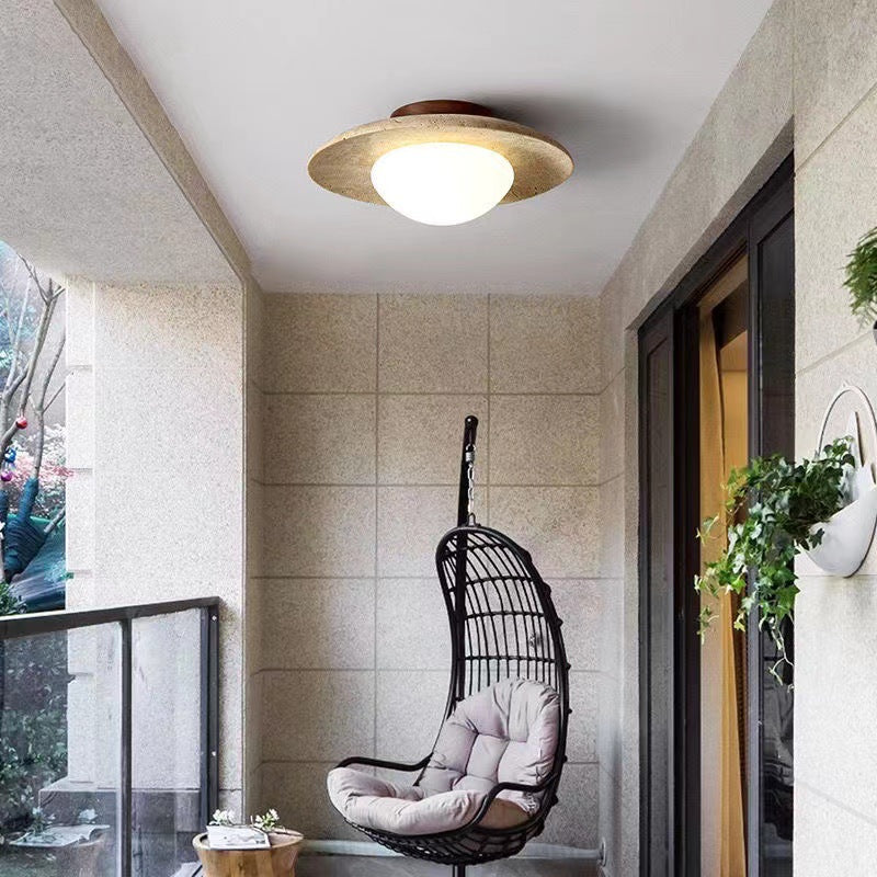 Round Travertine Ceiling Light with Wood Base
