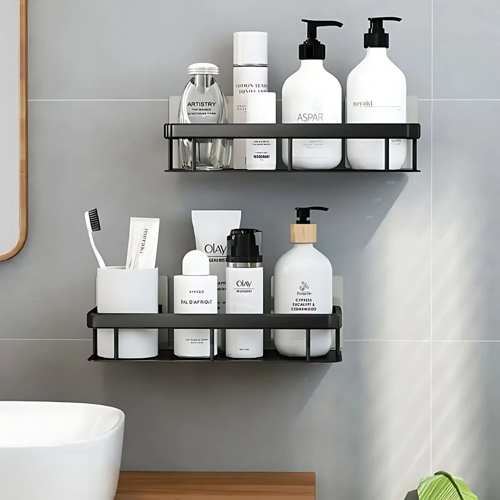 Bathroom shelves with various toiletries against a gray wall.