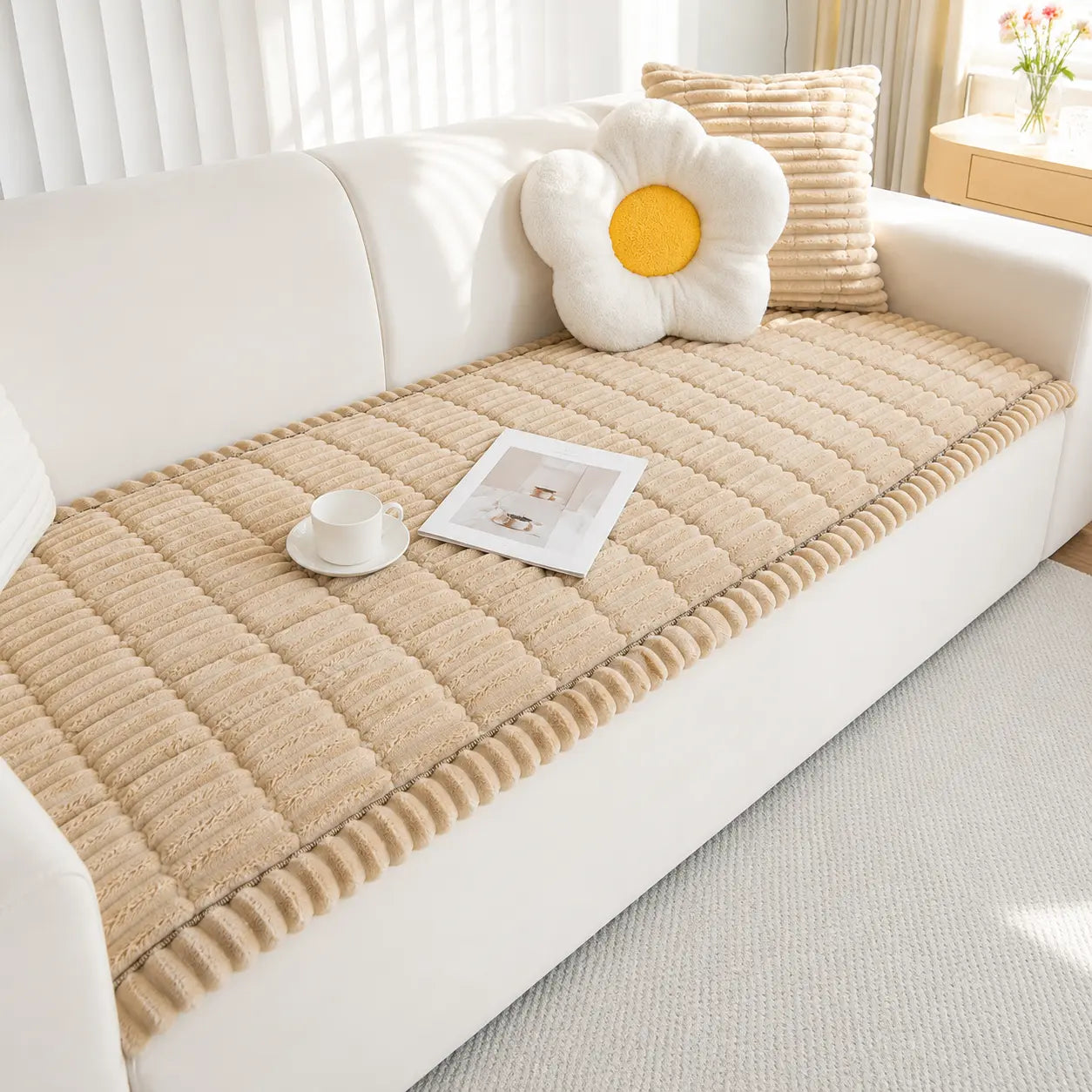 Beige quilted sofa cover on a white sofa with decorative items in a living room.